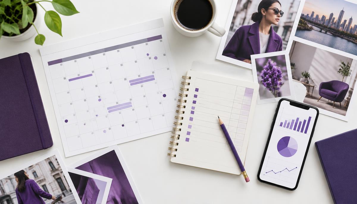 Mesa de planejamento com calendário, caderno e celular com gráficos