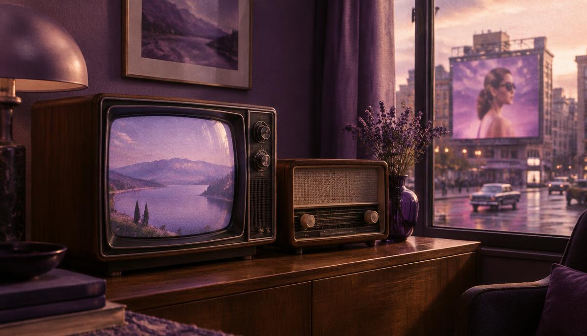 Televisão antiga e rádio em uma sala, com outdoor visível pela janela