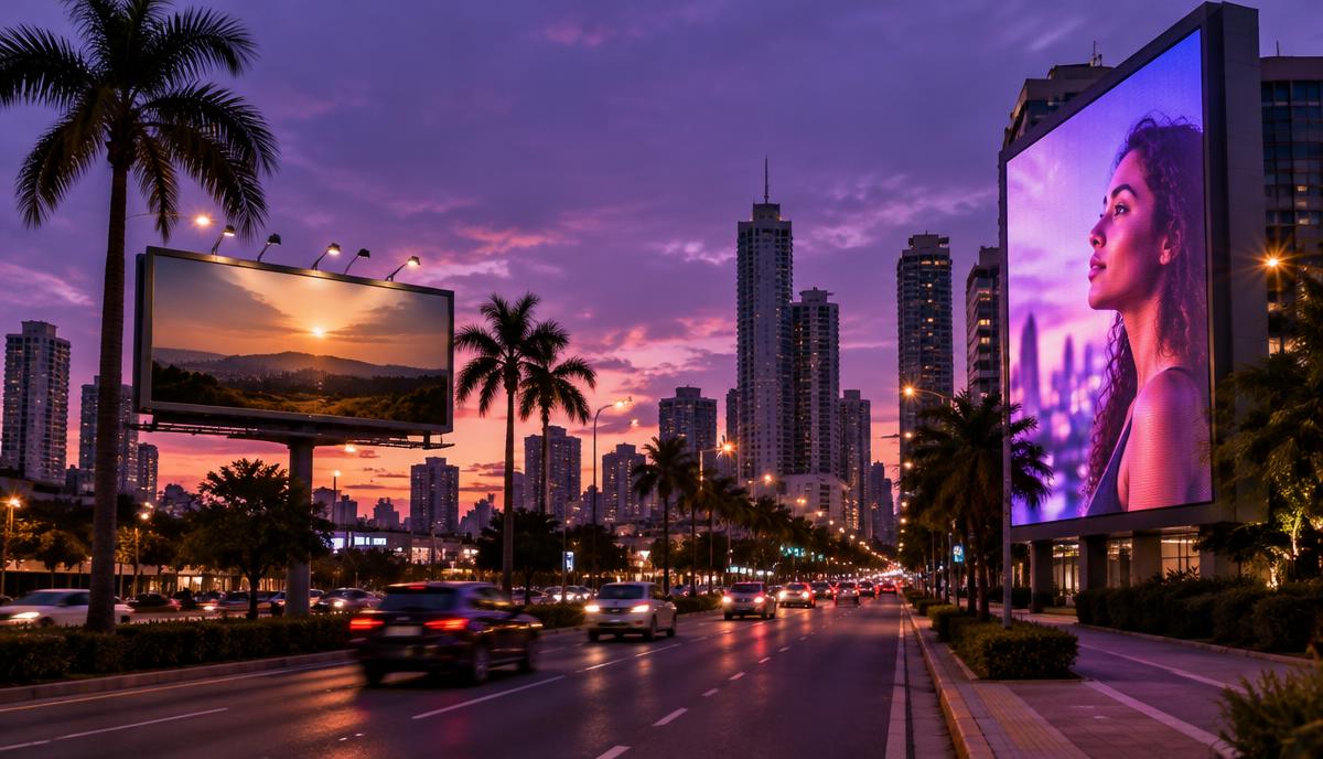 Outdoors e painéis de LED em uma avenida de Goiânia ao anoitecer