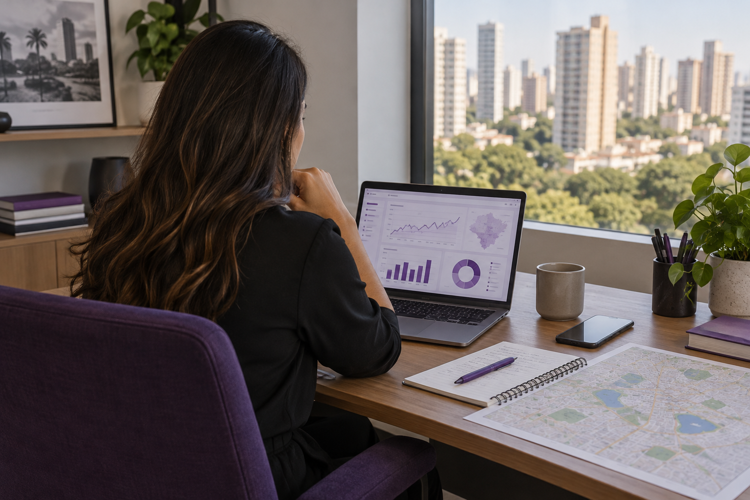 Profissional analisando campanhas digitais em um notebook, com mapa urbano e anotações sobre a mesa em um escritório.